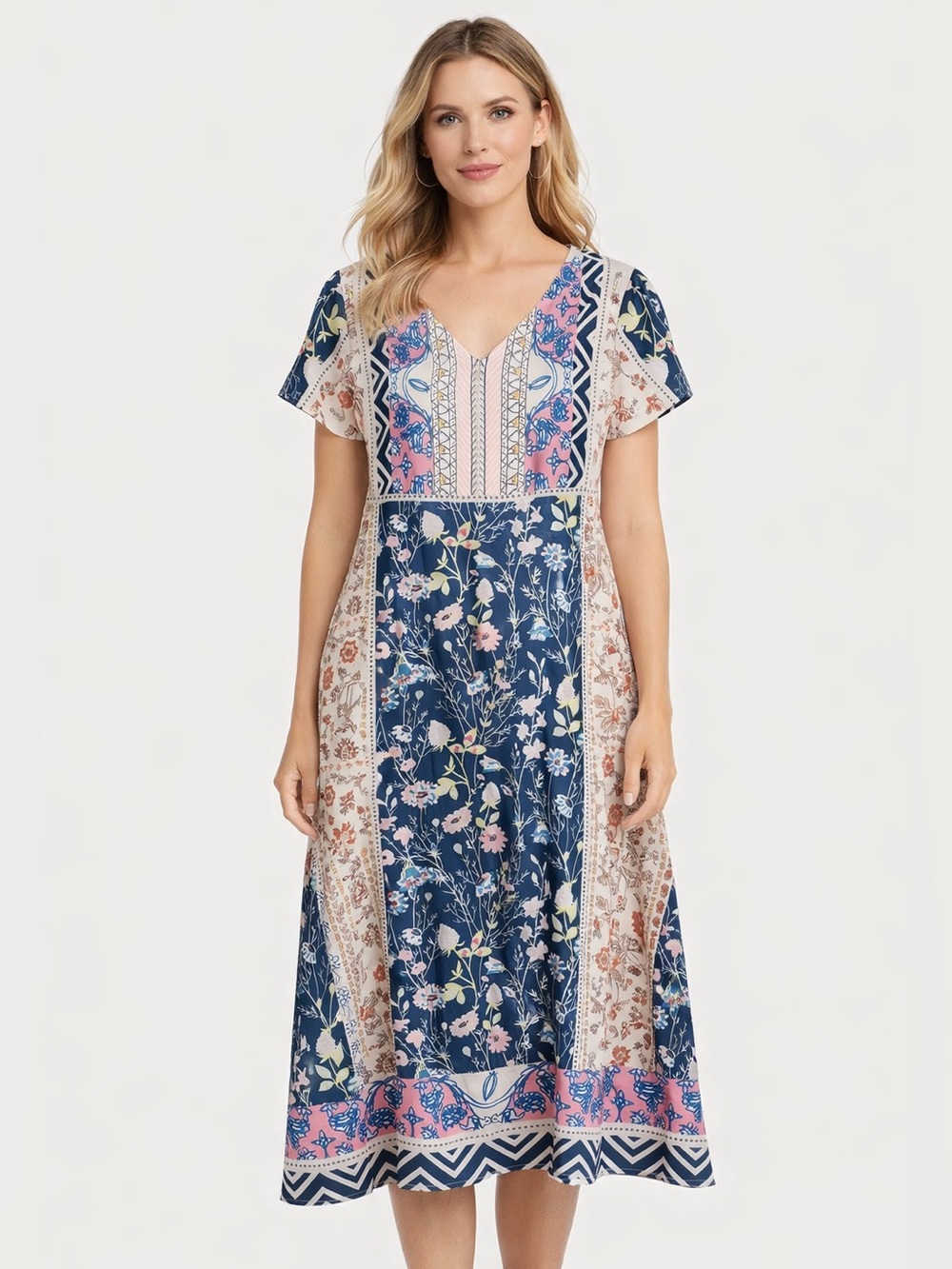 NWOT Label of Love Women’s Boho Floral Patchwork Short Sleeve Midi Dress Medium